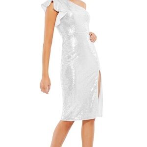 Mac Duggal White One-Shoulder Sheath Midi Dress